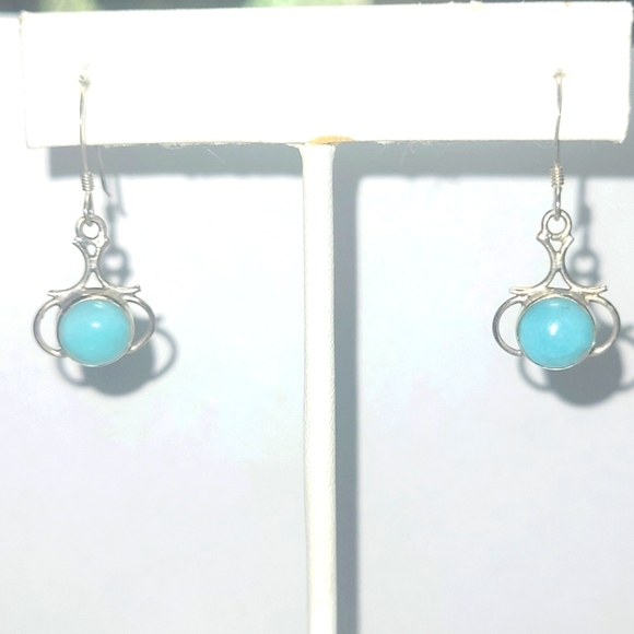 Earring Sterling Silver Wire Wrapped Blue Chrysocolla Chalcedony Rounds Feminine - Picture 1 of 5